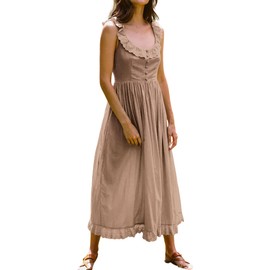 R.Vivimos Womens Summer Cotton Sleeveless Midi Dresses Vintage Lace Trim Button Up Tie Waist Casual A-Line Flowy Long Dresses (Small, Khaki)