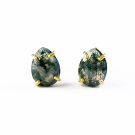 Moss Agate stud earrings, everyday earrings, Vermeil Gold or silver, prong set studs, teardrop studs, Birthstone studs, Birthday gift, green teardrop post earrings