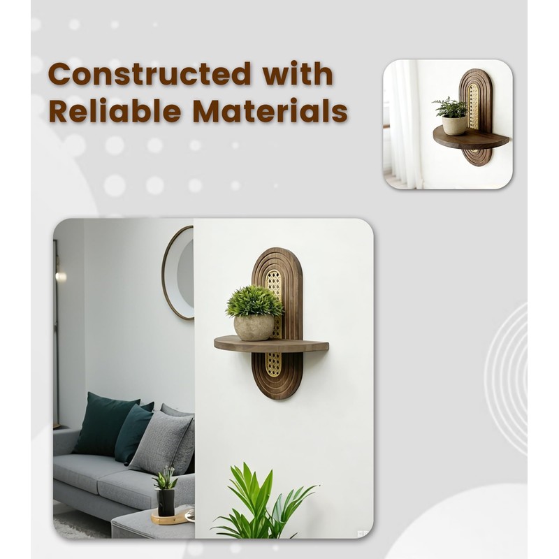 Wooden Arched Floating Shelf, Boho Rattan Wall Shelf
