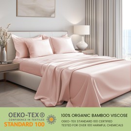 JSELF Bamboo Viscose Sheets Queen Size Bed Sheets 4-Piece Set, 100% Organic Bamboo Viscose 400 Thread Luxurious Soft Count Percale, Cooling and Breathable Double Stitching Bedding, 16” Deep Blush Pink
