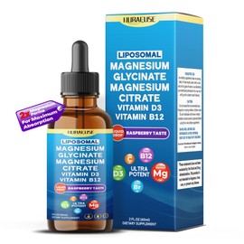 NURAFUSE Liposomal Magnesium Glycinate, Magnesium Citrate, Vitamin D3, Vitamin B12 Liquid Drops – Ultra Potent, Raspberry Taste – 2 FL OZ (60ml)
