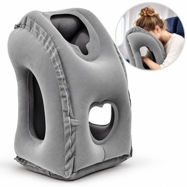 Inflatable Travel Pillow for Airplanes – Forward Leaning Head & Neck Support with Face and Arm Openings, Foldable Flight & Desk Nap Pillow