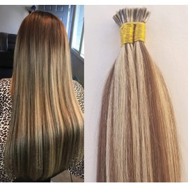 Hair Faux You 18" Remy Straight Pre bonded I Tip Human Hair Extensions Professional Salon, 100 grams 125 strands Per Package, Color # 4/613 Dark Brown mixed with Platinum Blonde