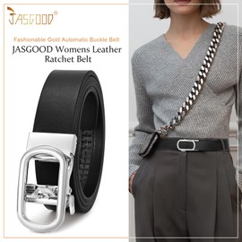 JASGOOD Ratchet Leather Belt for Women Ladies Ratchet Belt for Jeans Pants Dresses with Silver Buckle, Black, Suit for Size 37"-42"
