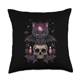 Cute Pink Bat Cat Sitting On Skull Skeleton Candles Design Throw Pillow