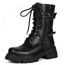 ElegaStep Women Harness Motorcycle Biker Boots Steampunk Combat Boots Chunky Goth Boots Mid Calf Boots Lug Sole Lace Up Side Zipper Black US 6.5