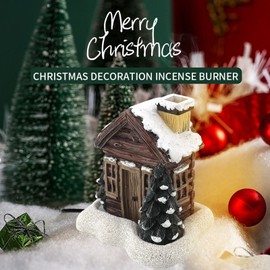Log Cabin Incense Burner Resin Christmas Snowy Winter Incense Cone Burner with Xmas Tree Holiday Tabletop Chimney Decorations for Home Kitchen Office Aromatherapy Ornament with 2 Incense Cones
