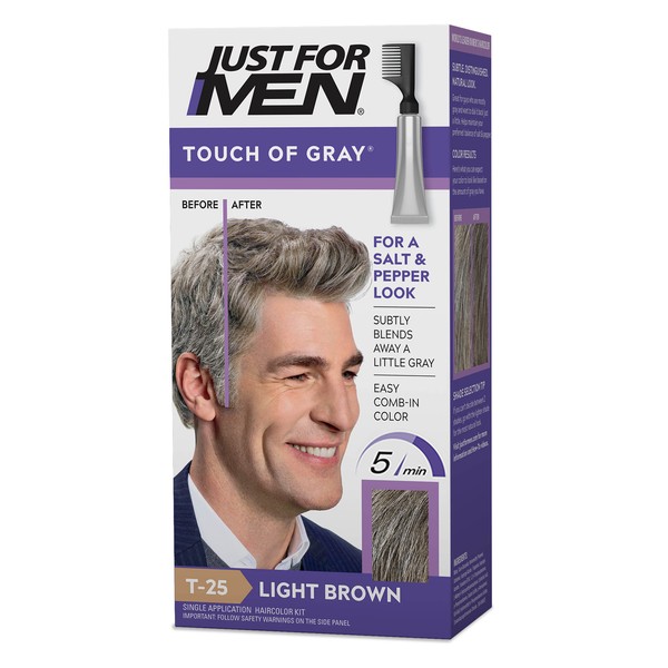 Just For Men Touch of Gray, Mens Hair Color Kit with Comb Applicator for Easy Application, Great for a Salt and Pepper Look - Light Brown, T-25, Pack of 1