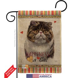 Cat Exotic Short Hair Happiness Burlap Garden Flag Set with Stand Animals Kitten Meow Spoiled Paw Fur Pet Nature Farm Animal Creature Small Gift Yard House Banner Double-Sided Made In USA 13 X 18.5