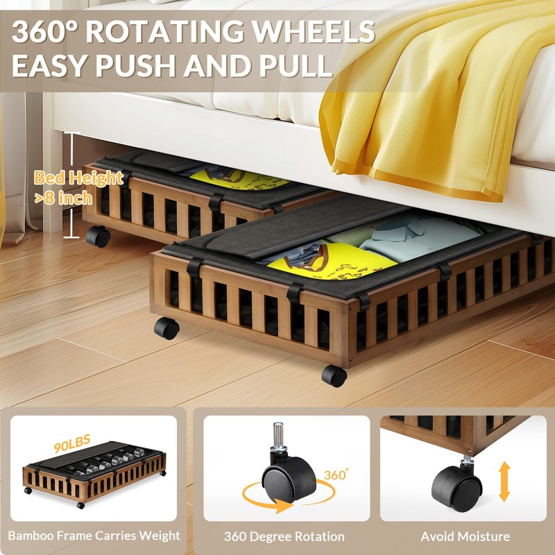 Gashell 2 Pack Bamboo Under Bed Storage with Wheels, 39”x20”x7.8”