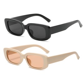 Long Keeper Sunglasses Women's Vintage Rectangular 90s Retro Sunglasses for Men and Women with UV Protection, Black and beige