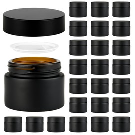 YONKAN 1 oz Reusable Black Glass Container Jars 24 Pack with Wide-mouth Leak Proof Cap and Inner Pull-On Lid for Travel Storage Makeup, Face Creams, Body Lotions, DIY Crafts or Others