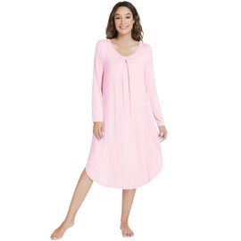 NACHILA Nightgowns for Women-Viscose Made from Bamboo, Long Sleeve Sleep Dress V Neck Sleepwear Pleated Sleepshirts Pink L