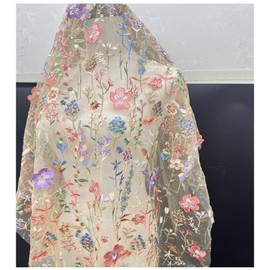 Singring Embroidered Lace Fabric, Width 59" Colorful Floral Lace Embroidery Fabric By The Yard, Soft Mesh Lace Fabric for Sewing DIY Custom Clothes Party Dress Home Decoration (Apricot,2 yard)