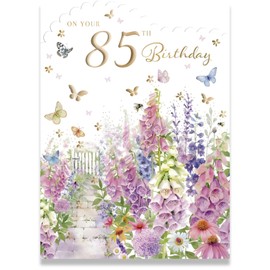 Female 85th Birthday Card for Her - Age 85 - Flower Garden and Butterflies - Artistic Floral Design - Special Finishes - Made in the UK - Eco-Friendly