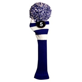 Majek #5 Hybrid Rescue Utility Blue & White Golf Headcover Knit Pom Pom Retro Classic Vintage Head Cover