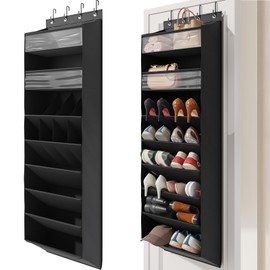 Mefirt 16-20 Pairs Over the Door Shoe Organizer, Clear Pockets Shoe Rack for Closet Door, Hanging Shoe Rack for Boots, Behind the Door Shoe Holder Fit All the Family's Sneakers, Boots, Heels, Black