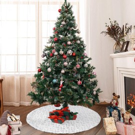 Ywlake Christmas Tree Skirt - 90cm Large White Luxury Faux Fur Tree Skirt with Silver Snowflake Christmas Decorations Holiday Thick Plush Christmas Ornaments (White/Silver)