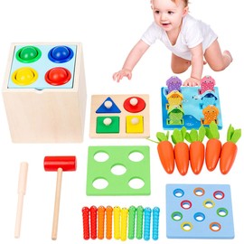 5 in 1 Wooden Montessori Toys, Carrot Harvest Toy with Object Permanence Box Multifunctional Coin Drop Toy for Preschool Kids Early Educational Colorful Learning Shape Sorting Toy