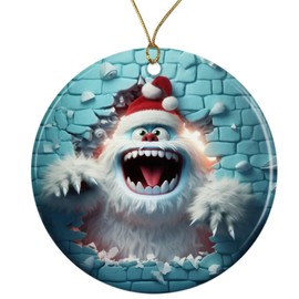 Snowmonster Yetti in Santa Hat Christmas Ornament - 3D Breakthrough Wall - 2023 Christmas Decoration - Xmas Ornament - 3" Round Ceramic - Funny Ornaments - COM125