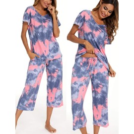 ENJOYNIGHT Women's Tie Dye Pajamas Sets Lounge Short Sleeve Top with Capri Pants Sleepwear 2 Piece Set (XX-Large, Blue Pink)