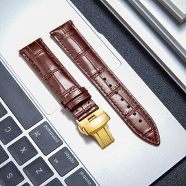 BINLUN Genuine Calfskin Leather Watch Bands Replacement Alligator Strap for Men Women with Silver/Gold/Rose Gold Butterfly Deployment Buckle（Brown-G,19mm）