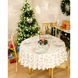 Emma Barclay Reindeer - Metallic Woven Jacquard Chrismas Table Cloth in Cream Gold - 70" (178cm) Round