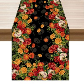 XCHI Sugar Skull Marigolds Floral Dia De Los Muertos Table Runner Day of The Dead Mexican Table Decoration for Home Kitchen Dining Holiday Fiesta Themed Party Decor 13x72 Inch