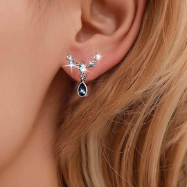 Aneneiceera Vintage Sapphire Teardrop Earrings Silver Sapphire Dangle Earrings Crystal Ear Climber Crawler Earrings Blue Crystal Drop Earrings Jewelry for Women