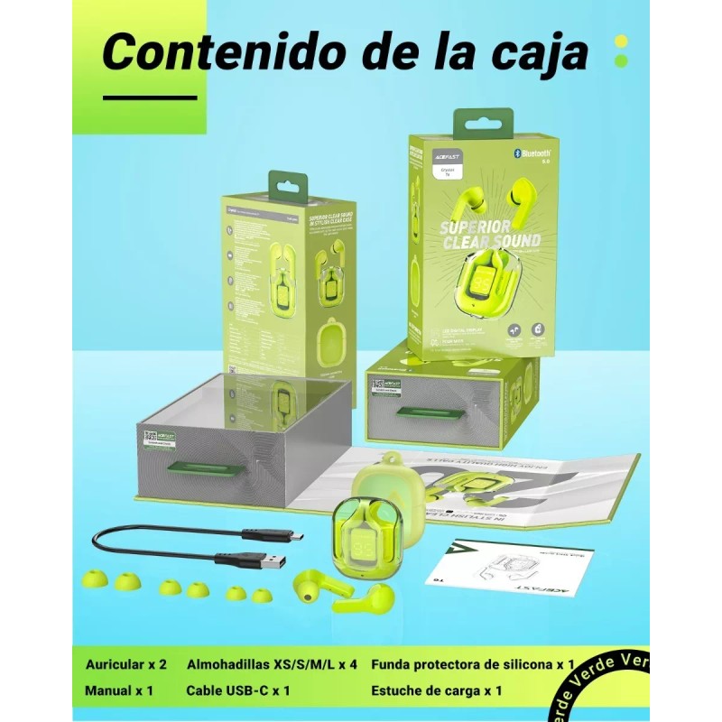 Acefast Audifonos Inalámbricos Pantalla Digital Reducción Ruido Ipx4 Color Verde