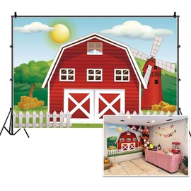 Haoyiyi 10x6.5ft Happy Birthday Background Cartoon Red Barn Farm Green Grass Trees Fence House Wildmill Backdrop Photography Photo 1st First Princess Favors Party Photo Booth Studio Prop