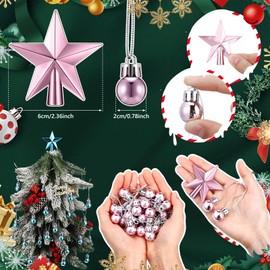 RoundFunny 25 Pcs Christmas Balls Ornaments Set Mini Christmas Tree Decoration 0.79 Inch Christmas Ball Christmas Tree Topper Star Xmas Tree Hanging Ornaments for Party Decoration(Pink)