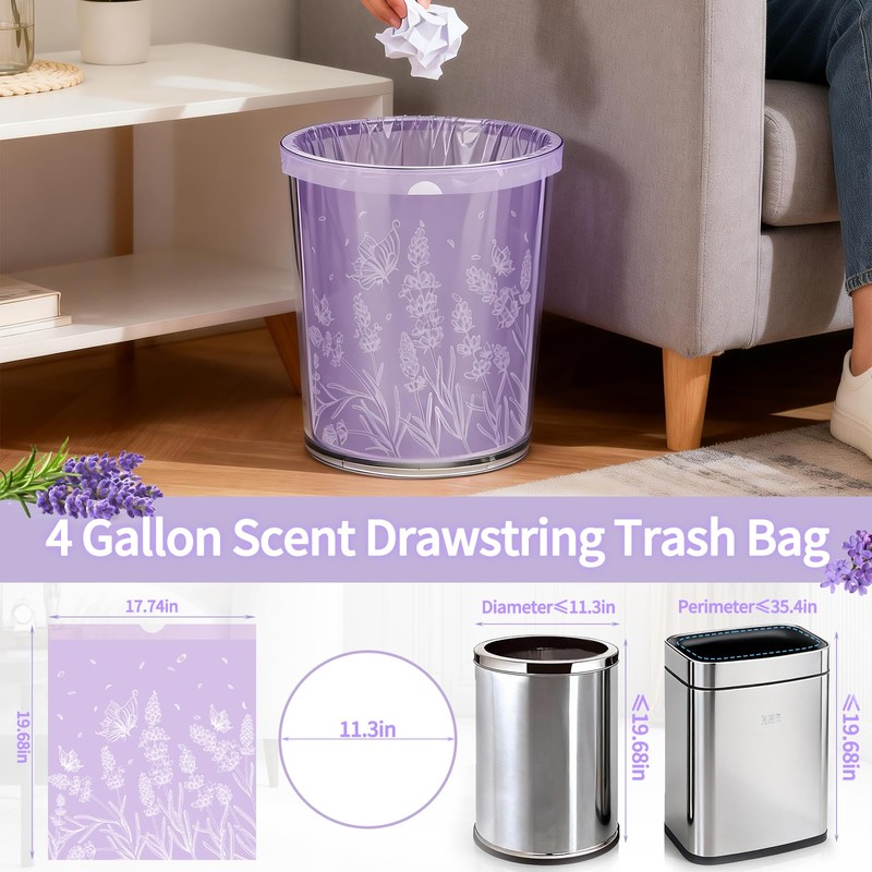 4 Gallon 400PCS Lavender Scented Drawstring Trash Bags,Floral Printed Design,Thick