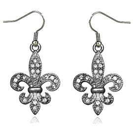DianaL Boutique Gorgeous Silver Tone Fleur De Lis Earrings Clear Rhinestone Crystals Fashion Jewelry