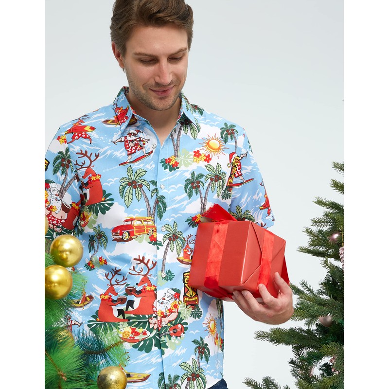 SSLR Camisas de Navidad hawaianas para hombre, Azul, Large