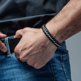 SERASAR 8″ Silver Leather Bracelets for Men - Mens Bracelets Cowhide Gift-Box Braided Bracelet Stainless Steel Jewelry Wrist-Band Cuff Wrap Rope Bangle Dad Pulseras para Hombres Cuero Regalo