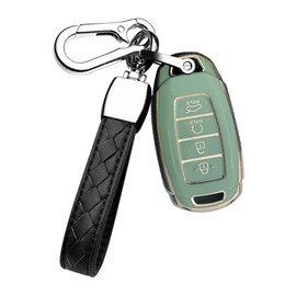 HIBEYO Key Fob Cover for 2018 2019 2020 2021 2022 Hyundai Santa Fe Venue Kona Veloster Palisade Elantra GT Accessories with Keychians Key Case Shell Soft TPU 4 Button-Green