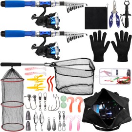LaRandom 51 Pcs Fishing Pole Combo 6.89ft Telescopic Rods Set Collapsible Fishing Rods with Plier Lip Gripper Lures Carrier Bag Pre Loaded Spinning Reel with Freshwater Rod and Reel Combos Kit(Blue)