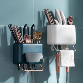 Jaugufiy Multifunctional Kitchen Utensil Wall Organizer Box Tableware Wall Drainer Kitchen Utensil Rack Wall Mount with Hooks, Knife Holder, Towel Rack, Flatware Slot, Cookware Cutlery Holder (Green)