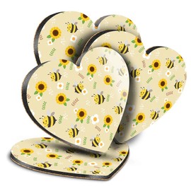 4 x Heart Coasters - Happy Bees Sunflowers Bee Mother's Day Cork Backed MDF Glossy Tea Coffee Accessory #170601