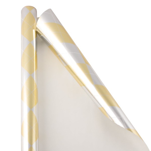JAM PAPER Gift Wrap - Christmas Wrapping Paper - 12 Sq Ft - Silver & Gold Argyle - Roll Sold Individually