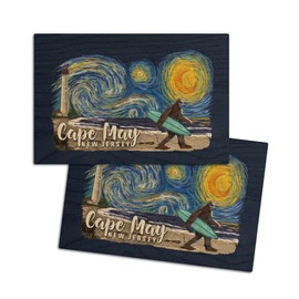 Cape May, New Jersey, Starry Night, Bigfoot on the Beach, (4x6 Birch Wood Postcards, 2-Pack Stationary, Rustic Home Wall Decor)