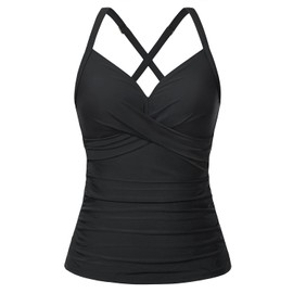 Traje de baño tankini para mujer, parte superior de natación con cuello en V, parte superior fruncida con control de abdomen, solo sin parte inferior 2025, Negro -, X-Large