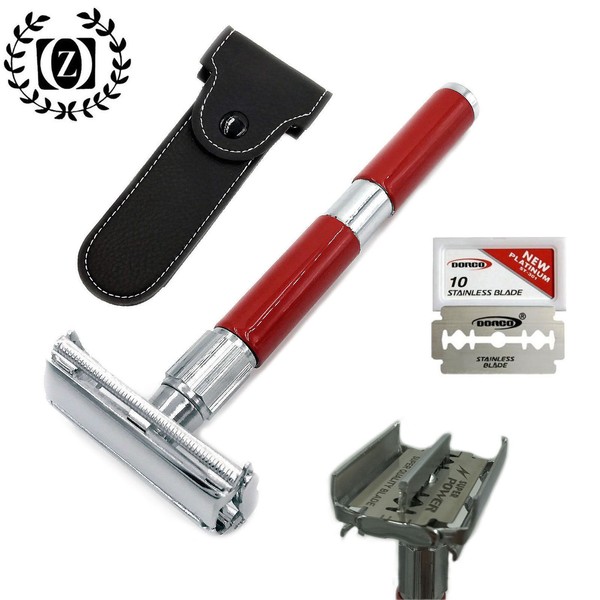 4" LONG HANDLE DE BUTTERFLY OPENING SAFETY RAZOR TRAVELING POUCH + 10 BLADES RED