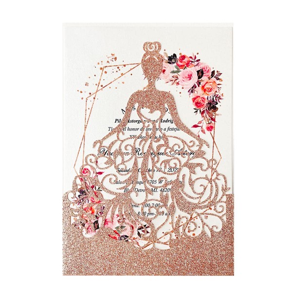 KUCHYNEE 5.12 x7.28 inch 20PCS Rose Gold Glitter Quinceanera Invitations Kit Laser Cut Hollow Girl Princess Pocket with Envelopes Quinceanera Invitations for Quinceanera Bridal Shower Invite