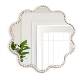 Maxpeuvon Wall Mirror, Farmhouse Round Mirror Boho Wall Decor with Beads Wavy Frame Hanging Circle Mirror for Living Room Entryway Bathroom Over Sink Hallway, 15x15 Inch