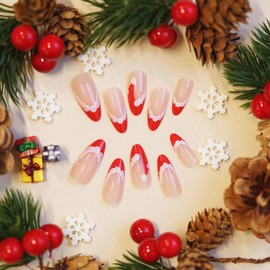 MISUD Christmas Press on Nails Medium Almond Fake Nails Glossy Glue on Nails Santa Hat Acrylic Nails Stiletto Artificial Nails French Tip Stick on False Nails with Design 24 pcs