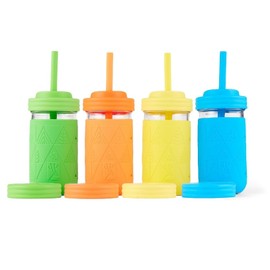 Elk and Friends Kids & Toddler Drinking Cups | Original Glass Mason Jar 12 oz with Silicone Sleeves + Straws | Smoothie Drinks | Spill Proof