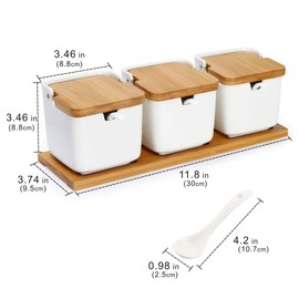 Set of 3 Porcelain Sugar Bowl, 8.8 fl oz Condiment Pots with Spoons Bamboo Flip Lids Labels, LUCKY GODDNESS Spice Salt Tray Serving for Home Kitchen