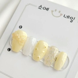 Soft yellow chiffon handmade nail tips - Coffin Egg / 여리여리 옐로우 쉬폰 수제네일팁 - 코핀에그